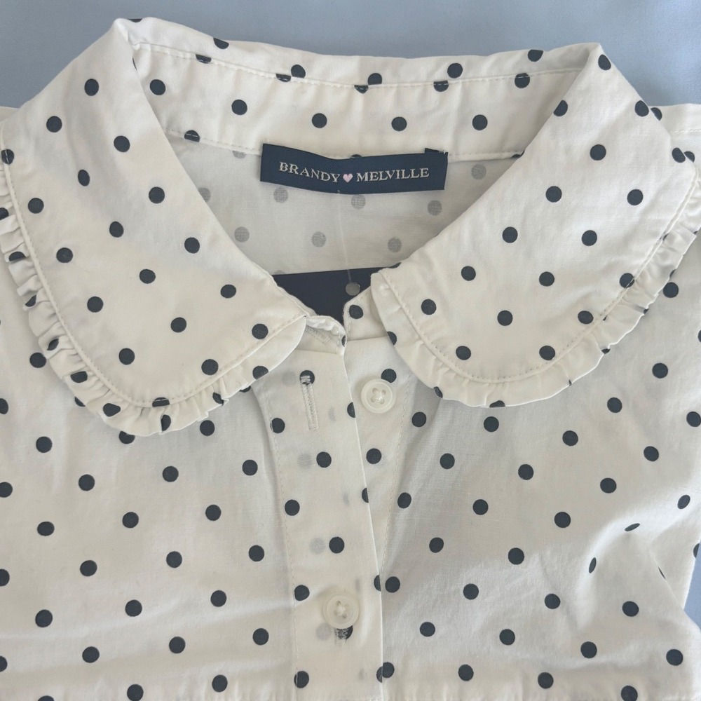 Brandy Melville Button Up Shirt Womens One Size White Polka Dot Peter Pan Collar - Picture 8 of 8